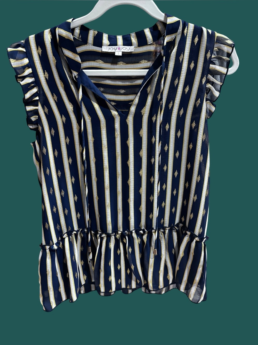 Joy Joy semi sheer vertical striped flutter sleeved peplum blouse small